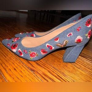 Embroidered Denim Heels - Blue and Red Floral Design